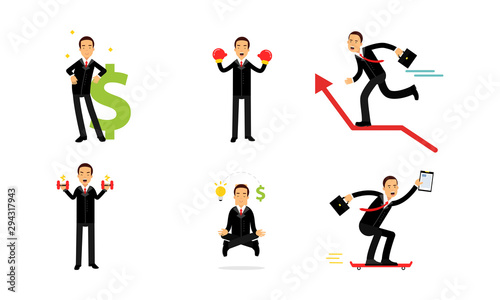 Set Of Vector Illustrations With Concept Of Real Businessmen Usual Routine © Happypictures