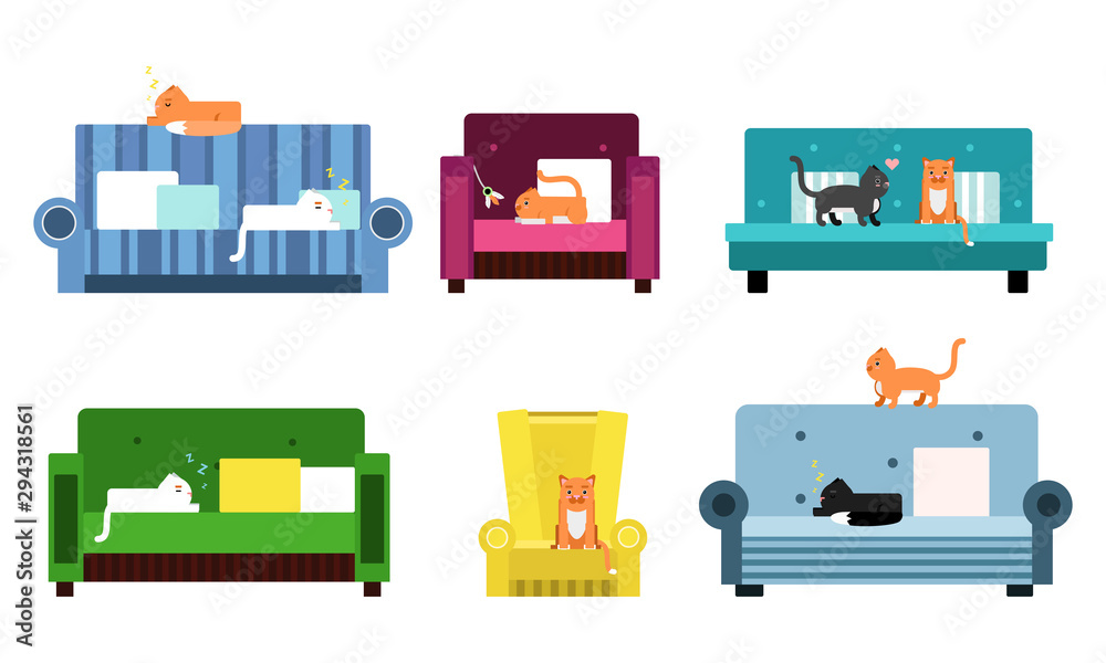 Six Flat Vector Illustration Set With Cats On The Sofas Six Flat Vector Illustration Set With Cats On The Sofas