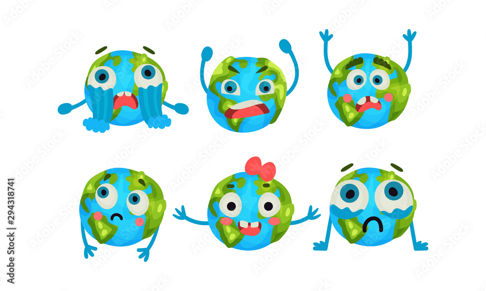 Obraz premium Vector Illustration Set With Six Cute Cartoon Earth Globe With Different Emotions Vector Illustrations