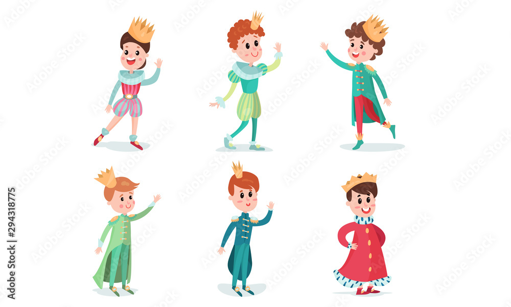 Set Of Vector Illustrations With Young Fairy Princes And Kings Cartoon Characters Set Of Vector Illustrations With Young Fairy Princes And Kings Cartoon Characters