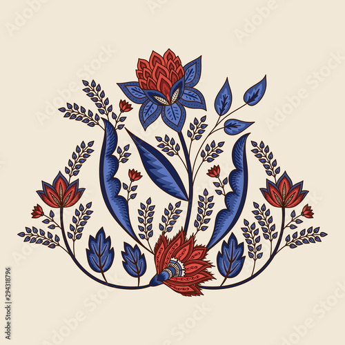 Indian floral paisley pattern vector illustration. Vintage tropical flowers motif chintz print. Ethnic exotic art design. Bohemian ornament for poster, clothing, label, mehndi tattoo template.
