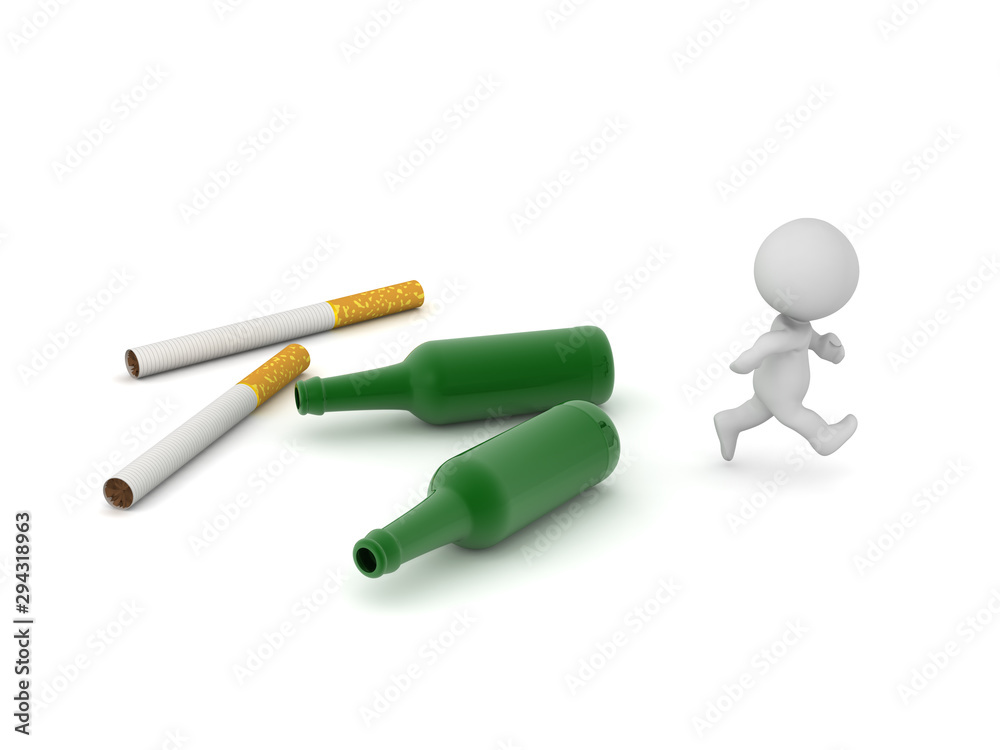 3D Character Running Away from Alcohol Bottles and Cigarettes 3D Character Running Away from Alcohol Bottles and Cigarettes