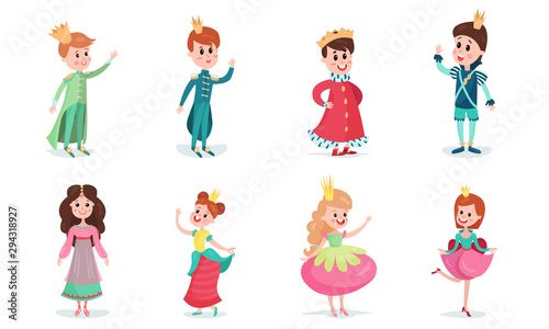 Set Of Vector Illustrations With Little Boys And Girls Wearing Fairy Princes And Princesses Costumes Cartoon Characters