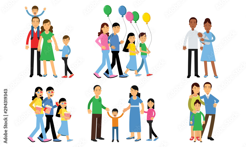 Set With Happy Family Relationships And Spending Time Together Concept Vector Illustrations