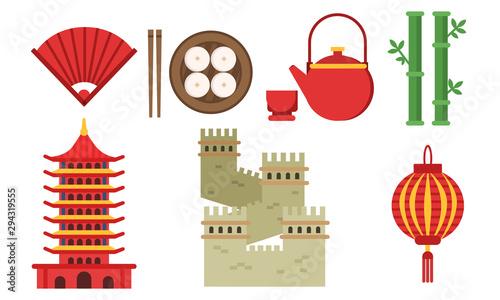Set Of Illustrations With Chinese Culture Elements Isolated On White Background