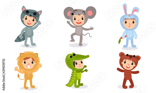 Set With Six Children In Different Christmas Or Baby Holiday Fan Costumes Vector Illustrations Cartoons Characters