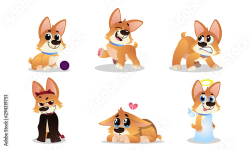 Cute Welsh Corgi Pembroke Cartoon Vector Illustration Set Isolated On White Background
