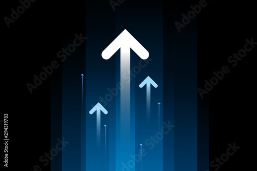 Up light arrows and speed lines on dark blue background, copy space composition, growth competition technology concept.