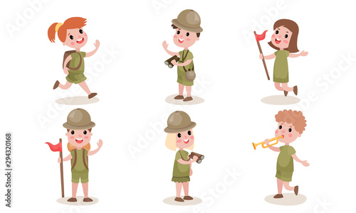 Set With Six Boys And Girls Scouts In Different Actions Vector Illustrations