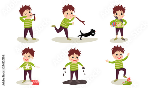 Set Of Vector Illustrations With Six Boys Of Destructive Behaviour Cartoon Characters