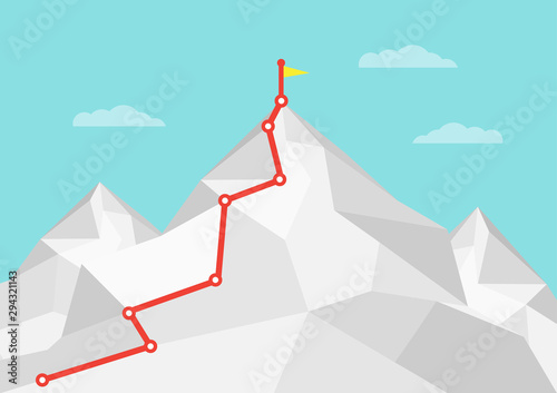 Business concept vector illustration of red lines which leading to the top of a mountain