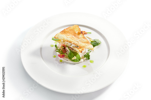 Crab napoleon with pike caviar sauce closeup