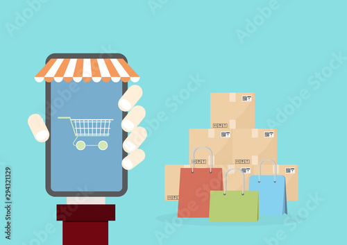 Hand hold smartphone with Online shopping vector illustration concept for online ordering goods, e-commerce, online shopping