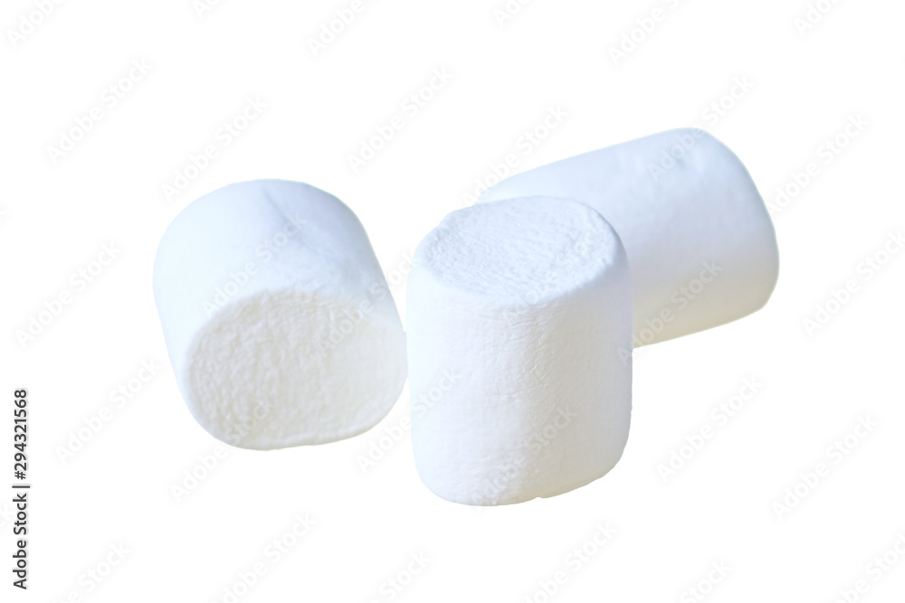 Three pieces of raw sweet tasty marshmallows cylindrical form isolated on white background. Close-up. Three pieces of raw sweet tasty marshmallows cylindrical form isolated on white background. Close-up.