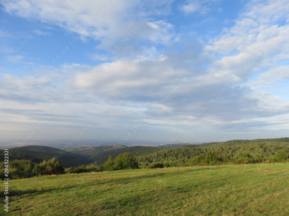 Autumn landscape blue sky and green field