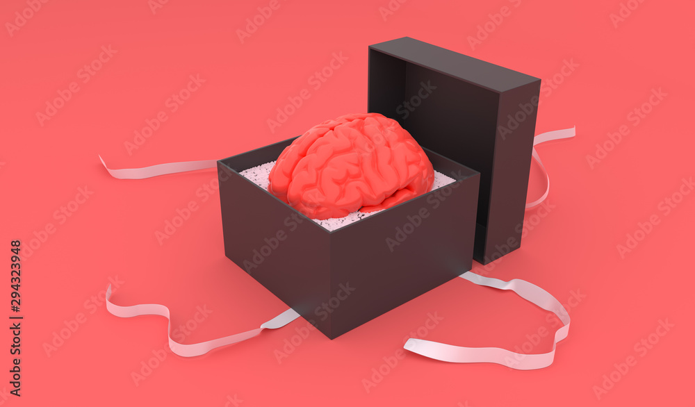 Gift in the box - brain, in black box with white ribbon on the red  background. Brain as a gift. Knowledge as a gift. Funny, useful gift. 3D  rendering. Stock Illustration