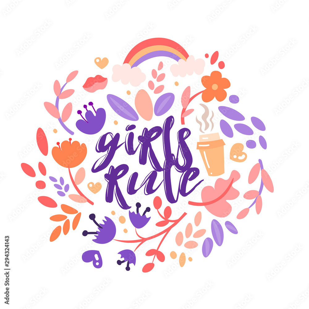 Feminist and cute girl power illustration set. Flowers, stickers, sweets with floral decoration. Cute cartoon feministic girl power collection Feminist and cute girl power illustration set. Flowers, stickers, sweets with floral decoration. Cute cartoon feministic girl power collection
