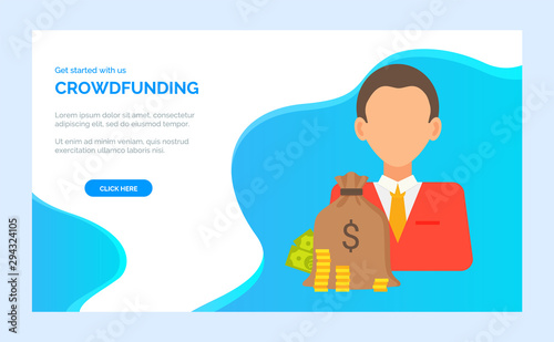 Crowdfunding project, businessman and charity donations in money bag, stacks of coins and bills. Vector investment and donation. Website or webpage template, landing page flat style