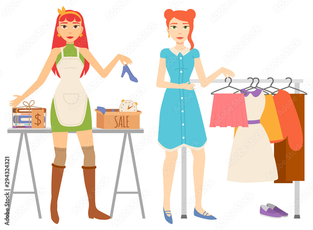 People sell or buy items vector, second hand store with clothes and shoes.  Lady with books and old vintage clock in box. Used products garage sale.  Flat cartoon Stock Vector