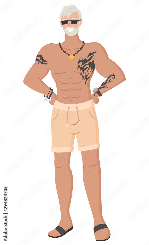 Fototapeta premium Strongman vector, isolated old man with tattoo and necklace male wearing sunglasses. Senior person flat style character weightlifter muscle personage