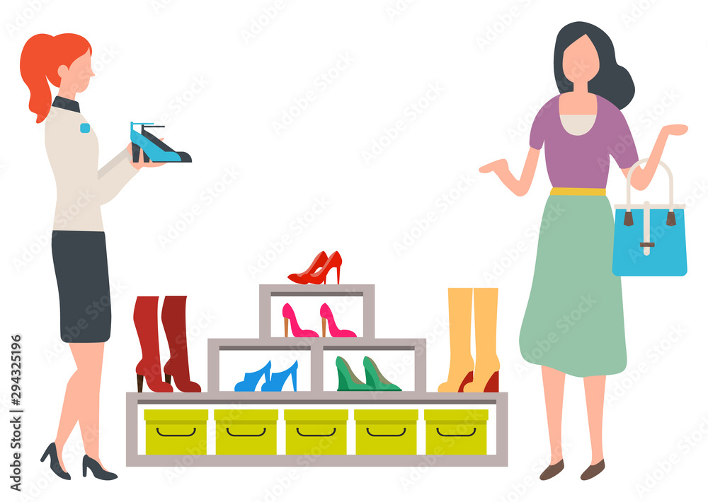 Woman choosing shoes in fashion store. Female customer and shop assistant. Girl buying high heels or boots, boutique showcase vector illustration Woman choosing shoes in fashion store. Female customer and shop assistant. Girl buying high heels or boots, boutique showcase vector illustration