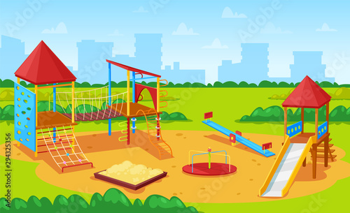 Park in city vector  yard for kids  cityscape with high buildings and skyscrapers. Kindergarten playground  sandbox and carousel  construction with ropes