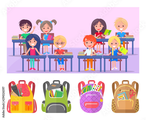 Smiling classmates sitting at desktop with notebook, backpack sticker on white. Girl and boy studying, pen and pencil in school bag, education sign vector. Back to school concept. Flat cartoon