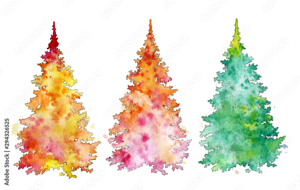 Christmas tree set, silhouettes of trees,  watercolor illustration. Element for design and printing. Collection of colorful trees for creating greeting cards.