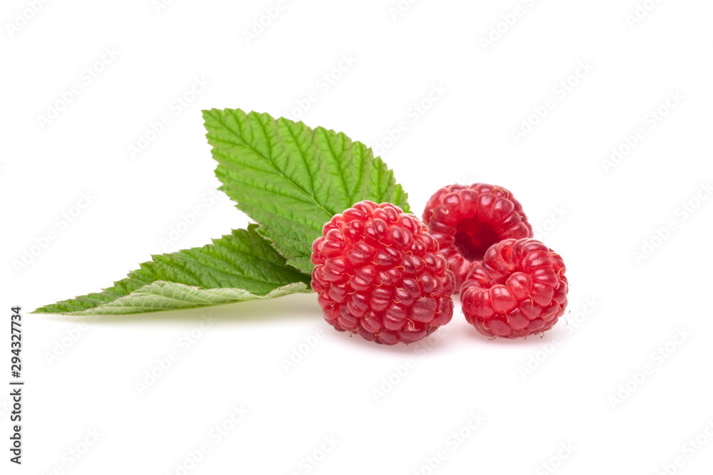 raspberries with green leaf on white background raspberries with green leaf on white background