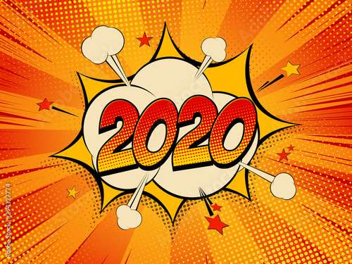 Happy New Year 2020 pop art comic background lightning blast halftone dots.