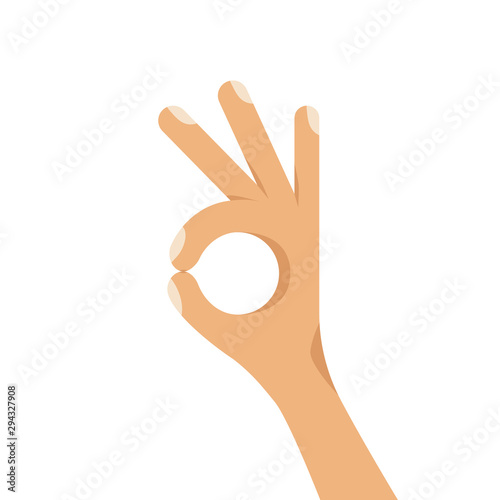Human hand gesturing showing ok okay sign. Flat style vector illustration isolated on white background.