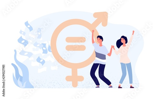 Gender equality concept. Happy female and male flat vector characters, money and gender sign. Gender wage equality. Salary rights gender, difference pay for woman and man illustration