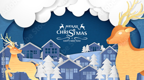 Merry Christmas and Happy New Year, Paper art design, Advertising with winter composition in paper cut style background, Vector illustration, holiday party