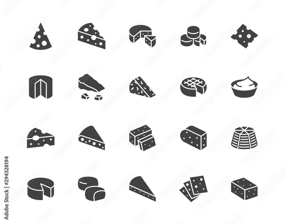 Fototapeta premium Cheese flat glyph icons set. Parmesan, mozzarella, yogurt, dutch, ricotta, butter, blue chees piece vector illustrations. Black signs for dairy product store. Silhouette pictogram pixel perfect 64x64