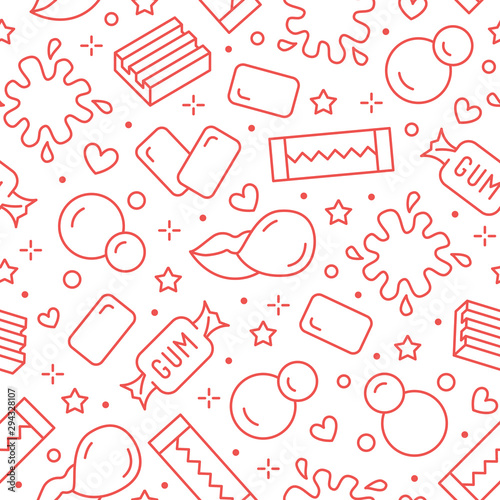 Bubble gum seamless pattern with flat line icons. Chewing candy in stick, pads, bubblegum pack vector illustrations. Cute background for sweets store packaging, pink white color