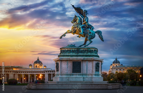 Statue of Archduke Charles of Vienna, Austria. Evening view.