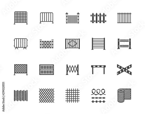 Fence flat glyph icons set. Wood fencing, metal profiled sheet, wire mesh, crowd control barricades vector illustrations. Black signs for protection store. Silhouette pictogram pixel perfect 64x64