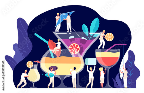 Cocktail concept. Tiny people, bartenders make cocktails, tropical beverages. Trendy restaurant drinks, drinking time vector clipart. Illustration cocktail tropical summer, people drink beverage