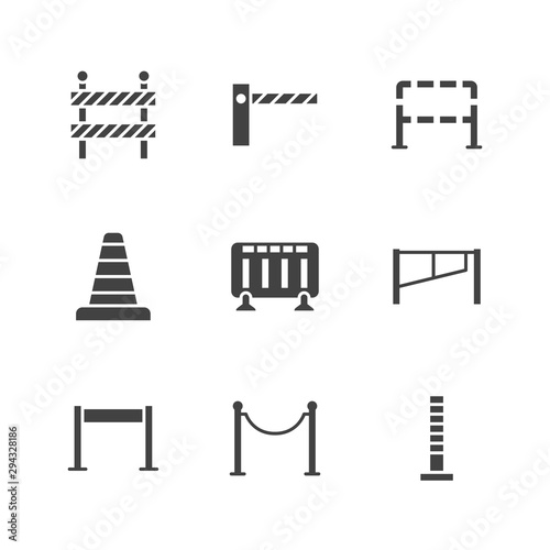 Roadblock flat glyph icons set. Barrier, crowd control barricades, rope stanchion vector illustrations. Black signs for pedastrian safety, roadwork. Silhouette pictogram pixel perfect 64x64