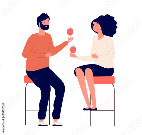 Drinking couple. Man and woman drink wine and make toast in pub. Romantic date vector cartoon concept. Couple love celebration with wine illustration