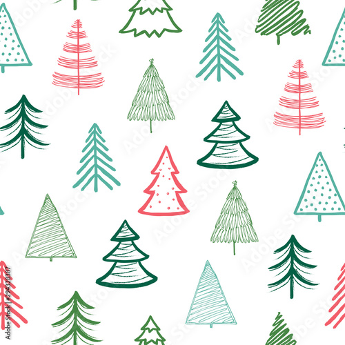 Doodle fir-tree pattern. Christmas tree handmade wallpaper. Xmas spruce cute sketch vector winter holiday seamless texture. Xmas sketch spruce, firtree repetition backdrop pattern drawing illustration