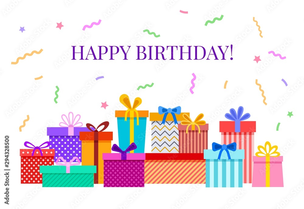 Happy birthday card with gift boxes. Celebratory party greeting poster with colorful confetti, ribbon bows, flat vector banner. Illustration birthday gift box pile, celebration and festive holiday Happy birthday card with gift boxes. Celebratory party greeting poster with colorful confetti, ribbon bows, flat vector banner. Illustration birthday gift box pile, celebration and festive holiday