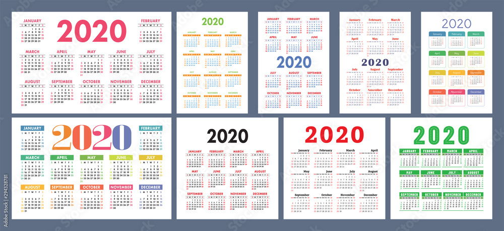 Calendar 2020 template. Calender design set. Vector square, horizontal and vertical layout. Colorful English collection. Week starts on Sunday Calendar 2020 template. Calender design set. Vector square, horizontal and vertical layout. Colorful English collection. Week starts on Sunday