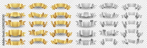 Ribbon banners. Gold silver ribbons vector set. Metallic banners isolated on transparent background. Illustration ribbon gold and silver design decoration photo