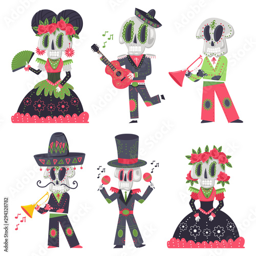 Skeleton characters vector cartoon set for day of the dead holiday isolated on a white background.