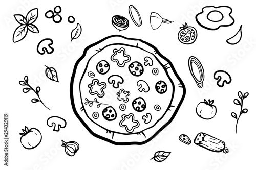 Italian pizza and ingredients top view frame. Italian food menu design template. Vintage hand drawn sketch, vector illustration. Engraved style illustration. Pizza label for menu.