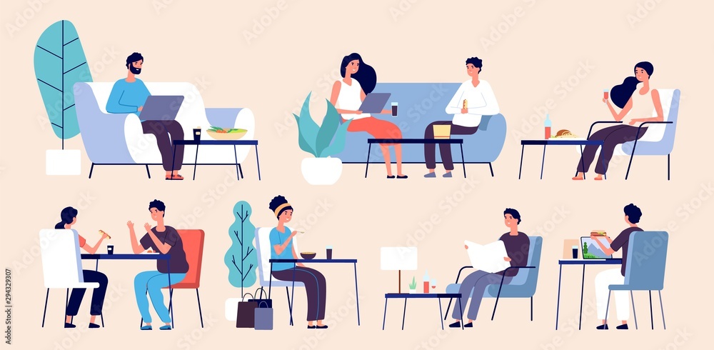 People eating. Women men relax with food. Flat vector people in restaurant, cafe, food court. Restaurant with people sit at table illustration