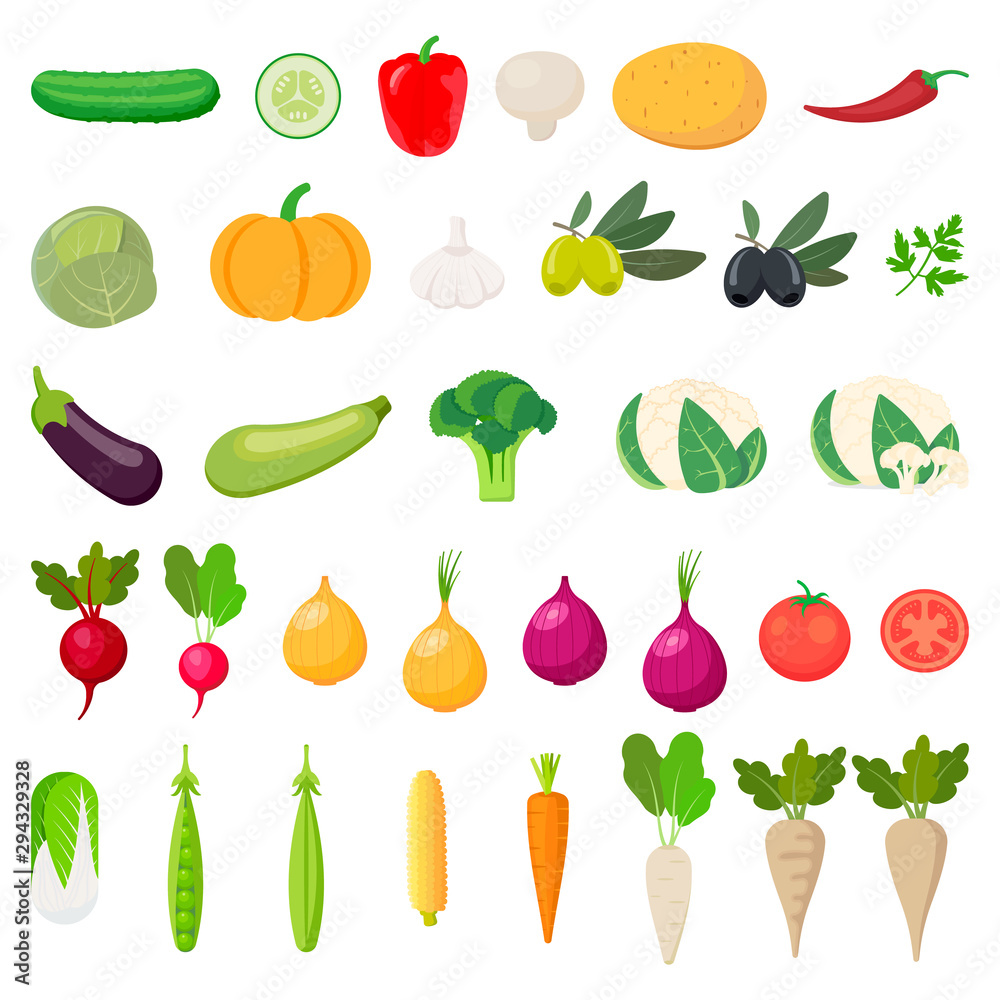 Fototapeta Ikony warzyw. Kolekcja produktów rolnych na białym tle. Ilustracja wektorowa.