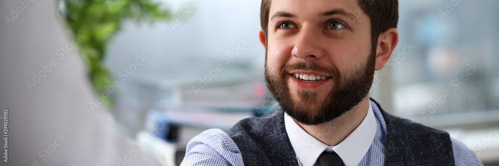 Obraz premium Man in suit and tie give hand as hello in office portrait. Friend welcome mediation offer positive introduction thanks gesture summit executive approval motivation male arm strike bargain