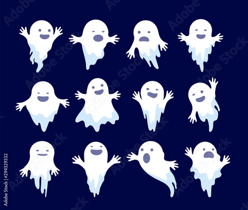 Ghost. Halloween spooky phantom, scary spirits. Mystery dead monsters cartoon vector ghostly characters. Illustration ghost holiday, white ghostly mystery illustration